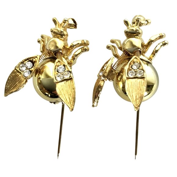 VINTAGE 1980s Bee Wiggle Stick Pins Pair Women Gold Insect Brooches Rhinestones - Picture 6 of 7